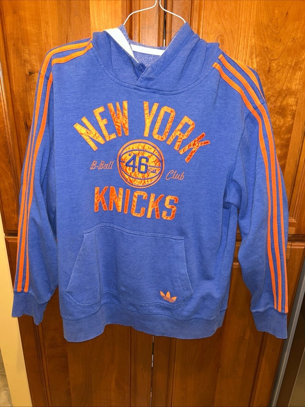 Vintage Adidas New York Knicks Hoodie Large w Satin Accents and Striped Sleeves